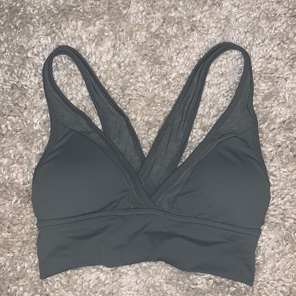 Olive green v-neck cross back sports bra